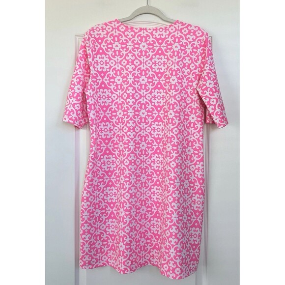 LULU B Womens Dress Sz L Pink Geometric Print Elbow Sleeve Jersey Stretch V Neck - Picture 4 of 11
